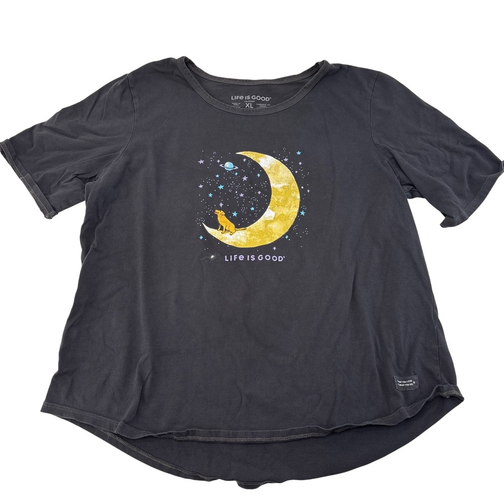 Life Is Good Womens XL Crusher Tee Charcoal Gray Dog Moon Celestial Graphic Tee